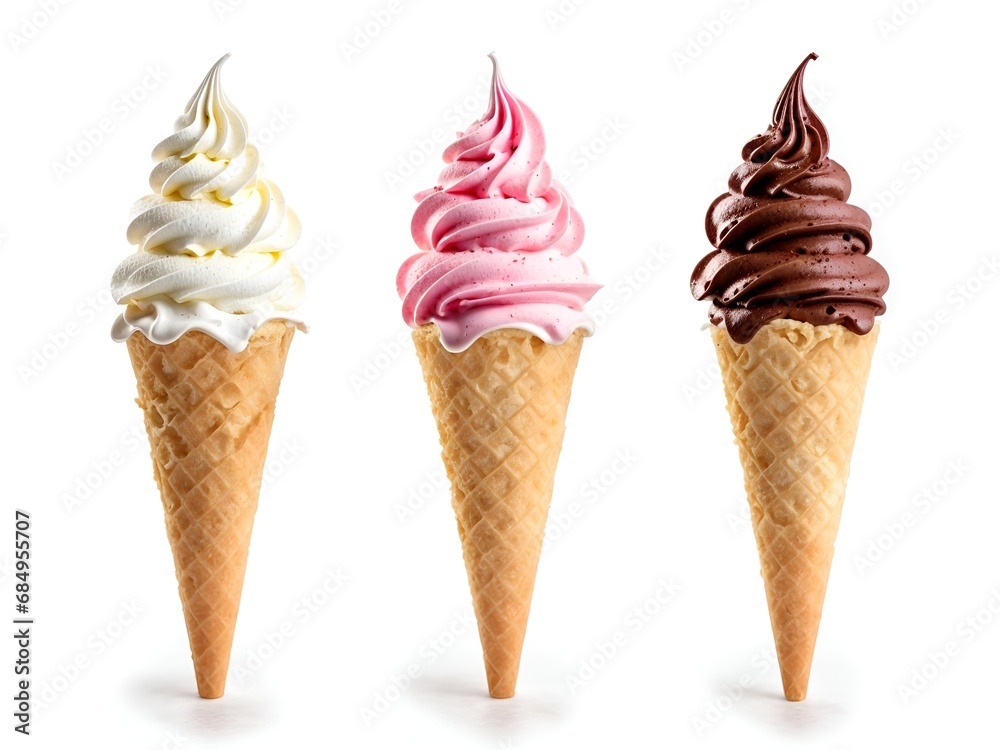 Set of different delicious soft serve ice creams in crispy cones on Set of different delicious soft serve ice creams in crispy cones on