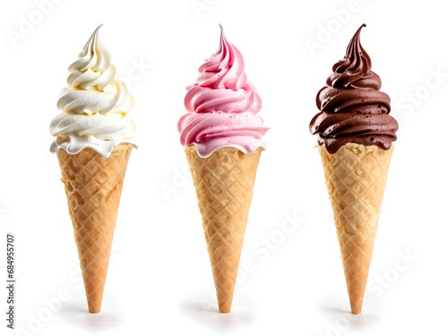 Set of different delicious soft serve ice creams in crispy cones on