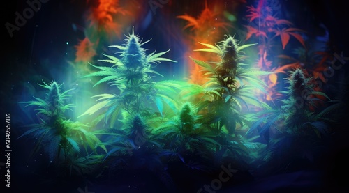Marijuana plant growing under color lighting. Colored neon large leaves and buds of cannabis hemp. Generative AI