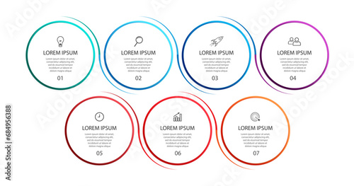 simple infographic vector design 7 steps or parts, circles with thin and thick lines, icons, text, numbers, for flow diagrams, presentations and your business