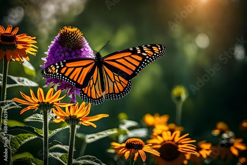 monarch butterfly on flower. Image of a butterfly Monarch on sunflower with blurry background. 