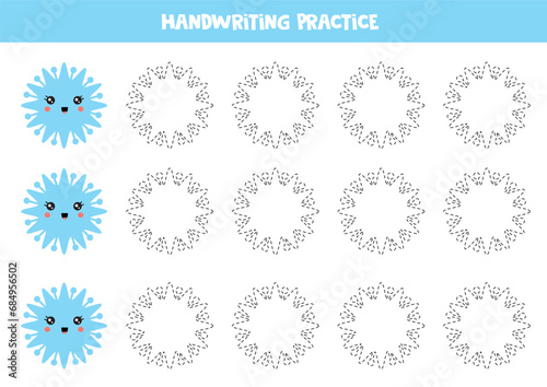Tracing lines for kids with cute snowflakes. Writing practice.