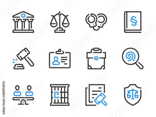 Law and Justice vector line icons. Judgment and Legislation outline icon set. Scales of Justice, Handcuffs, Courthouse, Evidence, Verdict, Prison Cell, Punishment, Authority, Jail and more.