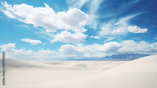 As the adventurer explored the stunning desert  the white sand dunes stretched endlessly  creating a mesmerizing texture against the backdrop of the blue sky adorned with fluffy white clouds