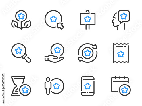 Reward star and Bonus points vector line icons. Special offer and Loyalty program outline icon set. Membership system, Collect coins, Benefit, Gift bonus offer and more.