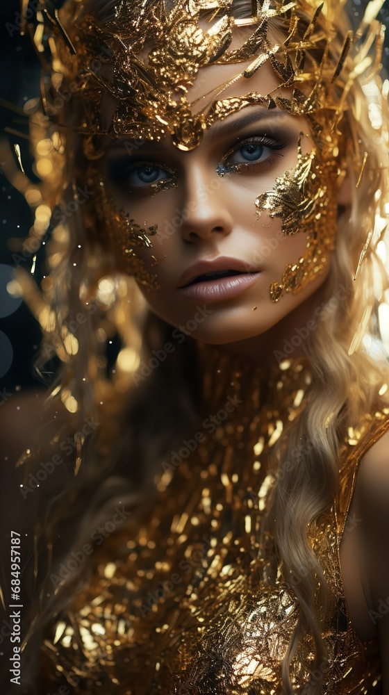 Gold glitter on the face of a model. Generative Ai.