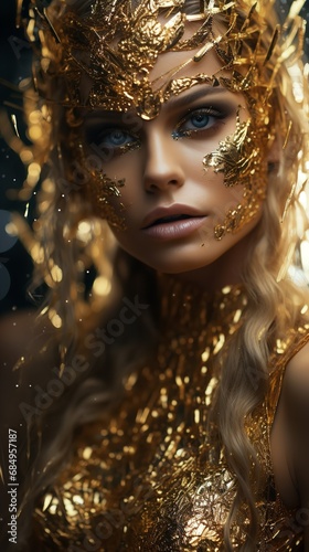 Gold glitter on the face of a model. Generative Ai.