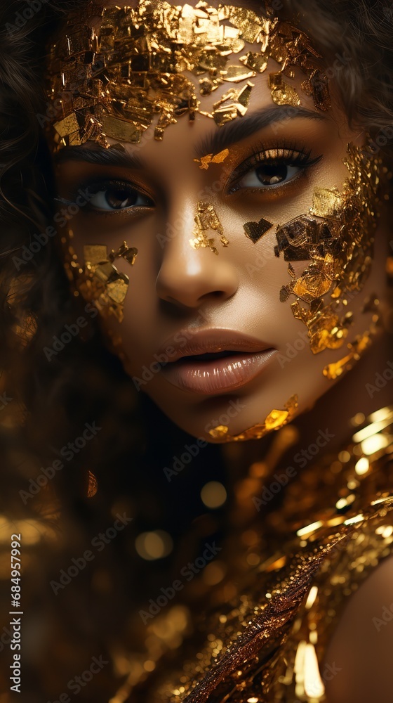 Gold glitter on the face of a model. Generative Ai. Gold glitter on the face of a model. Generative Ai.