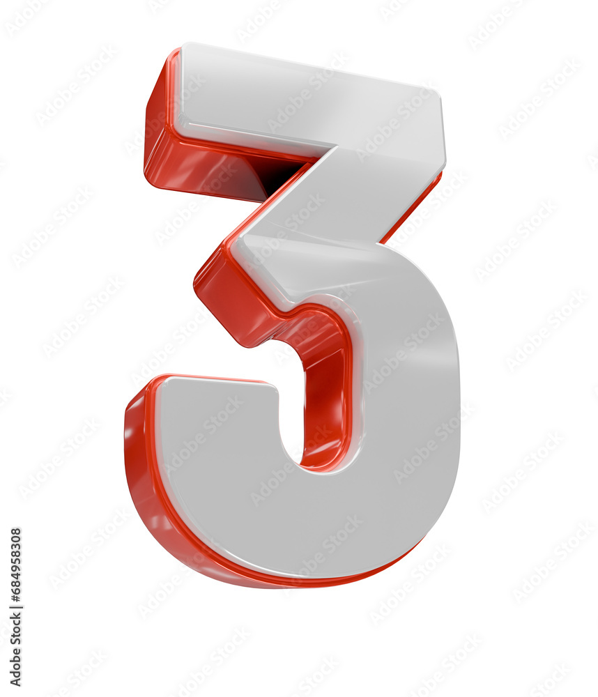 3D Red white number 3. icon isolated on transparent background. 3D Rendering 3D Red white number 3. icon isolated on transparent background. 3D Rendering