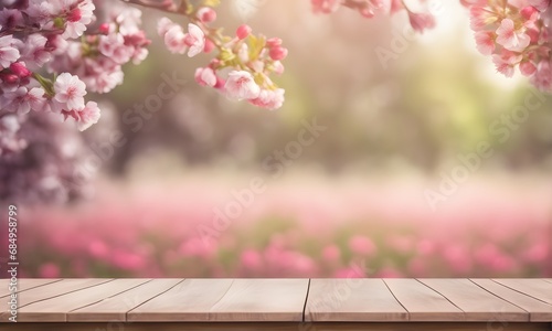 Empty tabletop with natural bokeh background for product