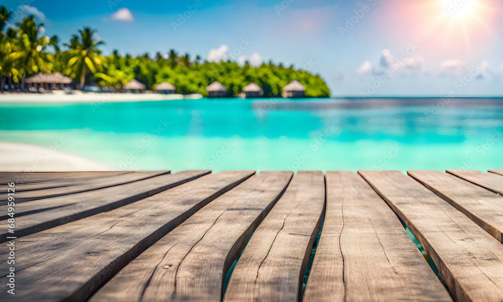 Fototapeta premium Empty wooden table, blurred summer sea background with copy space for your product