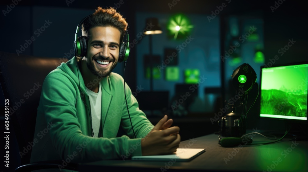 Male video game shoutcaster working online livestream using pc device and headphones Male video game shoutcaster working online livestream using pc device and headphones