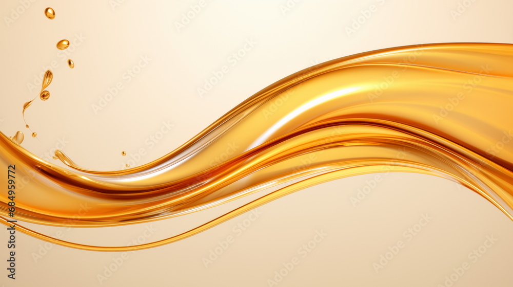 Splashes and drops of liquid oil. Fresh Olive or motor engine oil eco nature golden color close-up. Shine yellow Cosmetic oil or Cosmetic Essence Liquid drop. 3d render - obrazy, fototapety, plakaty 