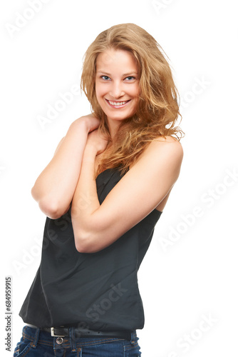 Fashion, excited and portrait of woman with smile on isolated, png and transparent background. Happy, natural face and person with confidence, pride and beauty in trendy, style and casual clothes
