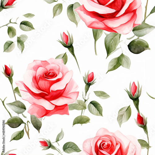 Pastel watercolor red rose on white background seamless pattern. Generative Ai illustration.