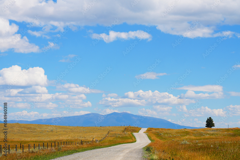 Gravel road crosses a ranch leading towards the mountains