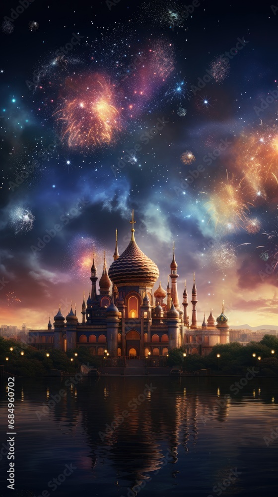 Obraz premium Lovely night sky with bright fireworks. Generative Ai.