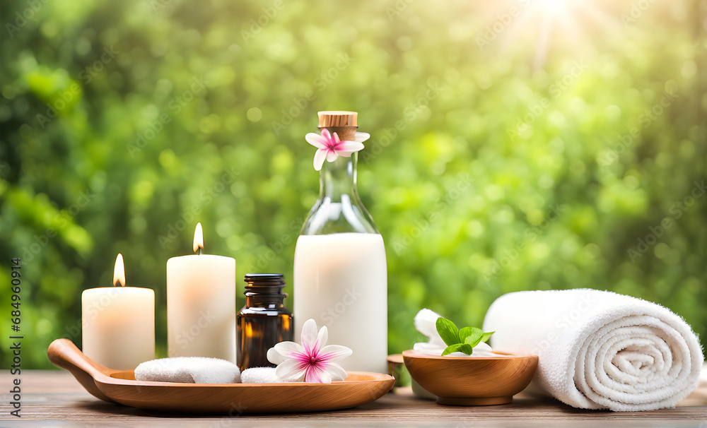 Relaxing spa set with blurred nature Relaxing spa set with blurred nature