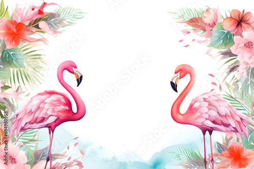 Abstract floral background with flamingo. Tropical flower frame in watercolor style.