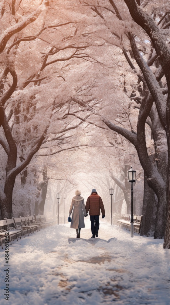 An elderly couple walks through a park. Generative Ai. An elderly couple walks through a park. Generative Ai.