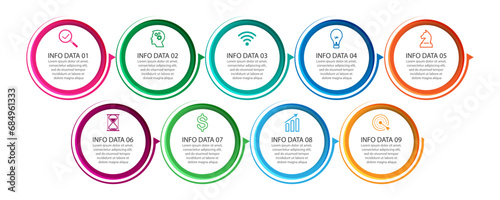 nine step infographic, simple infographic vector design with thin and thick lines, numbers, icons or symbols. used as a system flow, diagram, presentation of your business