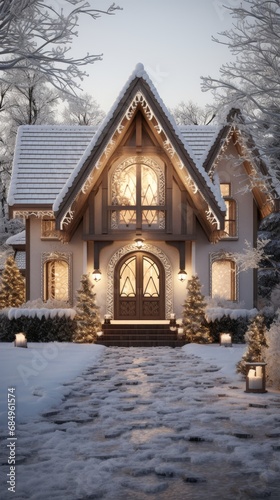 Outside of a Christmas home amid the snow. Generative Ai. © MinixT