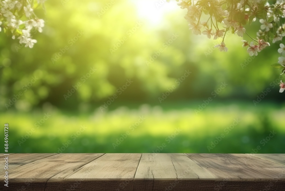 beautiful spring green landscape background with empty table. generative ai beautiful spring green landscape background with empty table. generative ai