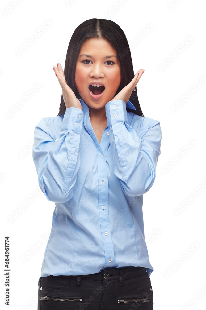 Shock, surprise and business woman portrait with wow from sale and discount announcement. Crazy news, female person and professional with omg emoji gesture isolated on transparent, png background