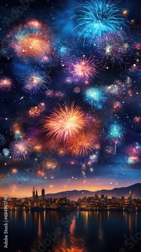 Lovely night sky with bright fireworks. Generative Ai.