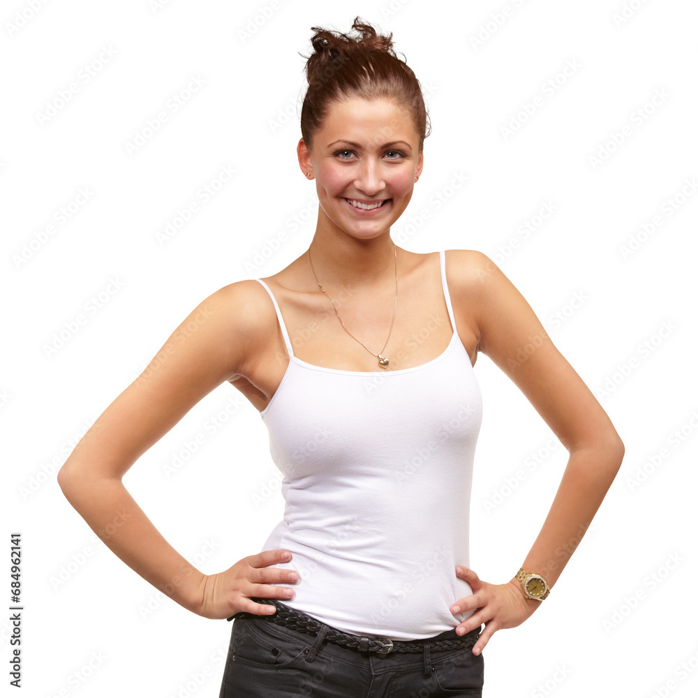 Beauty, fashion and portrait of woman with smile on isolated, png and transparent background. Hands on hips, cosmetics and person with confidence, pride and happy in trendy, style and casual clothes Beauty, fashion and portrait of woman with smile on isolated, png and transparent background. Hands on hips, cosmetics and person with confidence, pride and happy in trendy, style and casual clothes