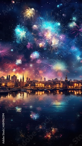 Lovely night sky with bright fireworks. Generative Ai. © MinixT