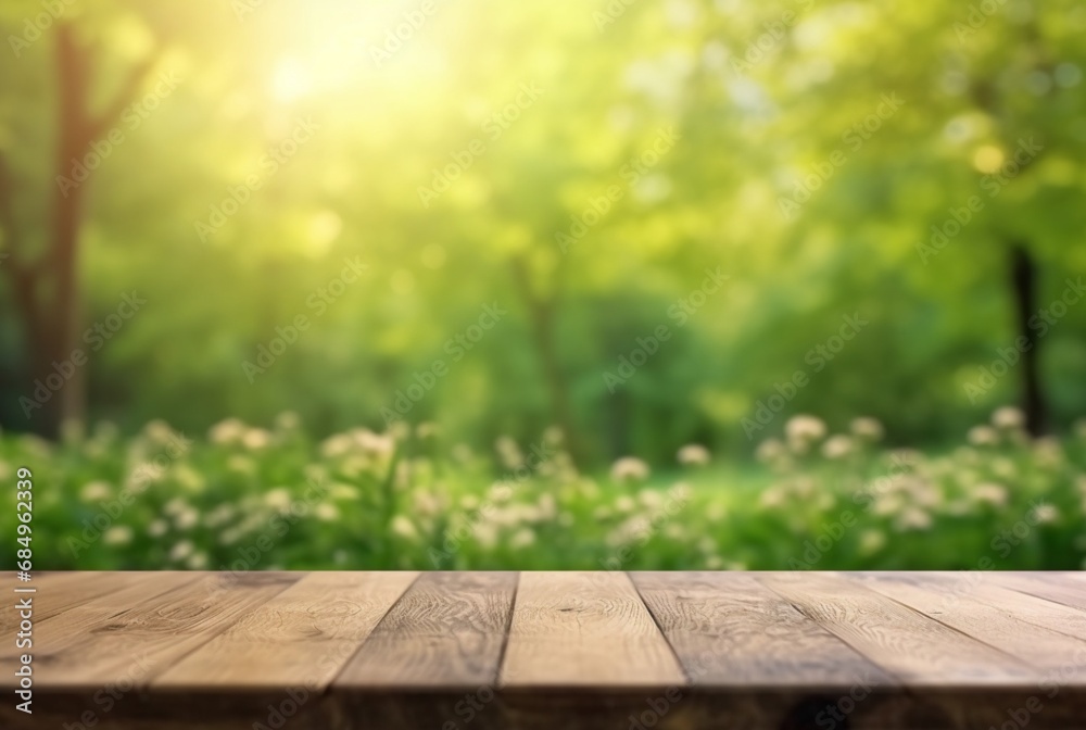 beautiful spring green landscape background with empty table. generative ai beautiful spring green landscape background with empty table. generative ai