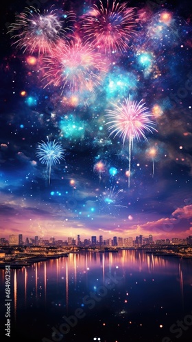 Lovely night sky with bright fireworks. Generative Ai.