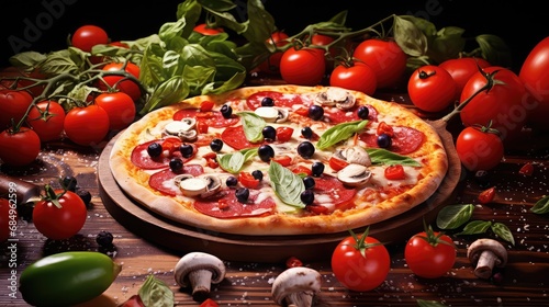 pizza healthy italian food photo illustration olive tomato, basil garlic, mediterranean diet pizza healthy italian food photo