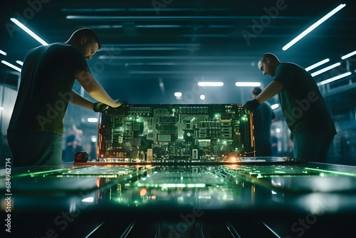 Expert Workers Install a Large Circuit Board on an Oversized Motherboard, Illuminated by Technical Light © L.S.