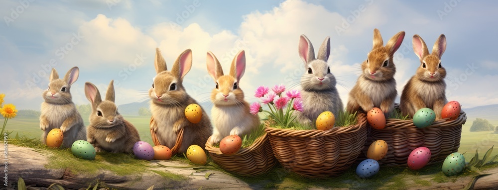 
Bunnies and Easter eggs in a basket. Natural background. Happy Easter.