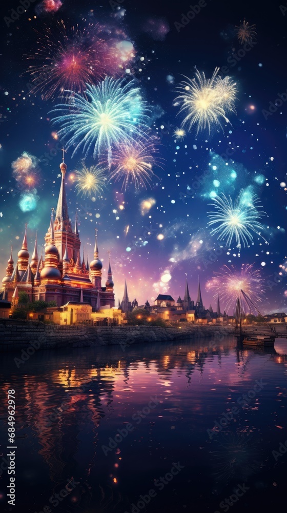 Lovely night sky with bright fireworks. Generative Ai. Lovely night sky with bright fireworks. Generative Ai.