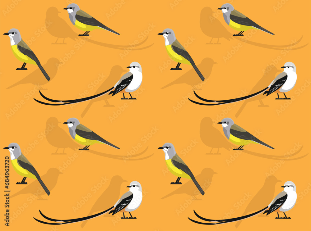 Fototapeta premium Bird Kingbird Flycatcher Cartoon Cute Seamless Wallpaper Background