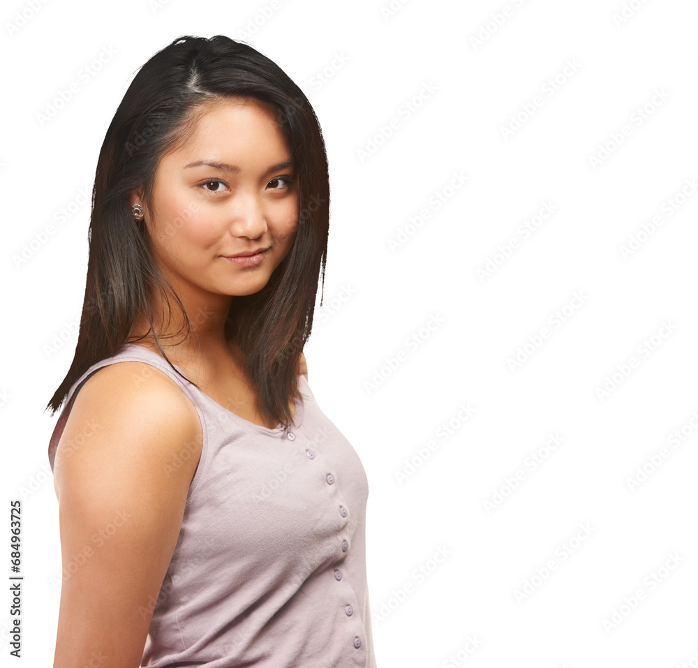 Fashion, smile and portrait of Asian woman with beauty on isolated, png and transparent background. Cosmetics, natural face and person with confidence, pride and in trendy, style and casual clothes Fashion, smile and portrait of Asian woman with beauty on isolated, png and transparent background. Cosmetics, natural face and person with confidence, pride and in trendy, style and casual clothes