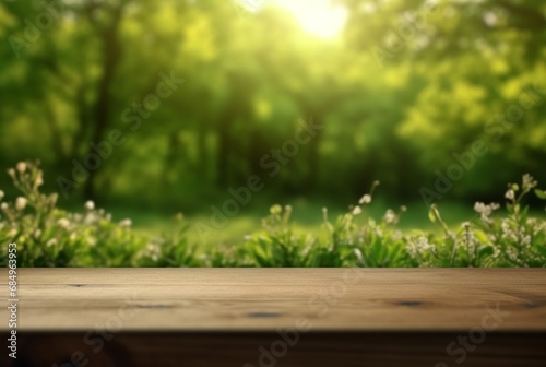 beautiful spring green landscape background with empty table. generative ai © LivroomStudio