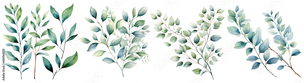 Watercolor leaves and branches , leaves Green color, Leaf elegant hand drawn , wedding invitations, greeting cards, gift tags illustration, leaves and branches isolated transparent background, PNG