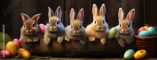 Little bunnies pose next to Easter eggs, wooden background. Happy Easter.
