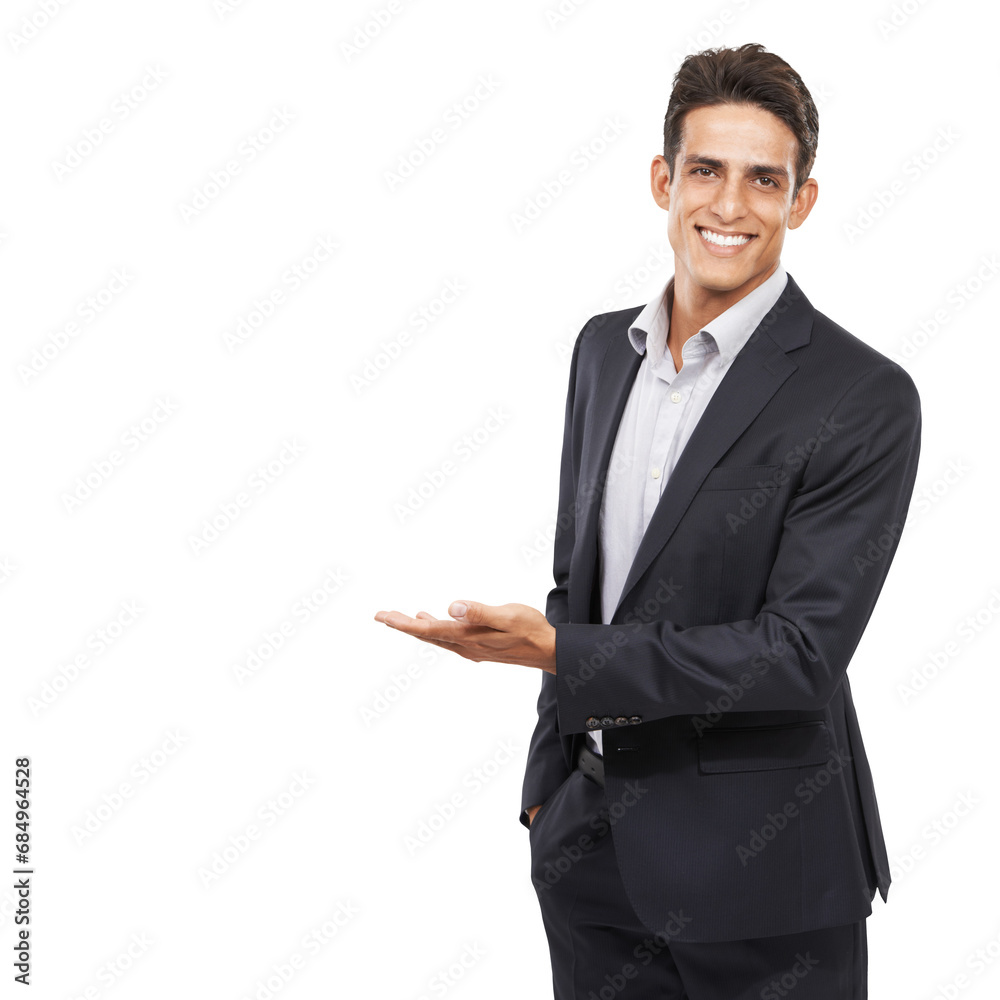 Presentation, showing and portrait of business man on isolated, png and transparent background. Corporate, professional and happy worker with hand gesture for information, announcement and options - obrazy, fototapety, plakaty 