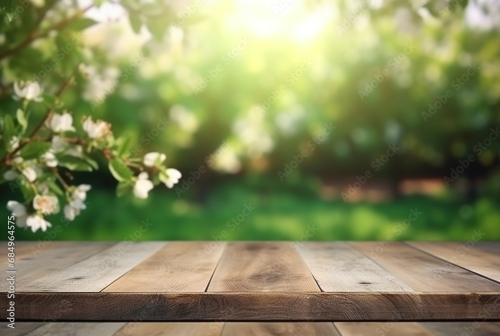 beautiful spring green landscape background with empty table. generative ai