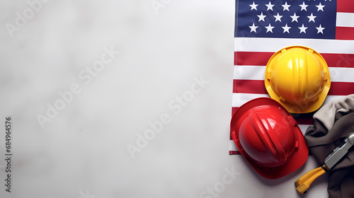 Patriotic Labor Day tribute. Top view image featuring the American flag, a construction helmet, work gloves, and building tools on light grey background. Perfect for ad honoring the American workforce © jiejie