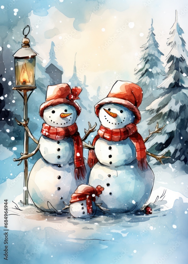 Fototapeta premium Festive Christmas Snowmen - Christmas card Concept