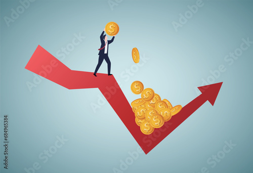 Buy on the dip, purchase stock when price drop, trader signal to invest, make profit from market collapse concept, smart businessman investor buy stock with down arrow graph.