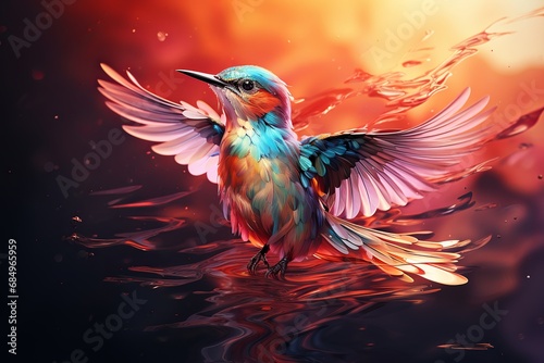A Beautiful Bird Flying Down on Water in The Style of Glitch Art. Made with Generative AI Technology © Shamsuddin