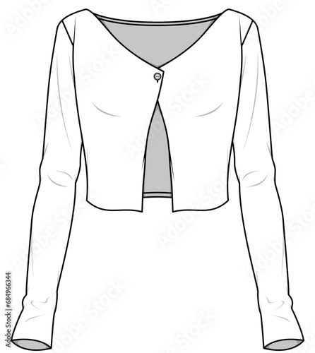 womens long sleeve cropped rib cardigan top flat sketch vector illustration technical cad drawing template