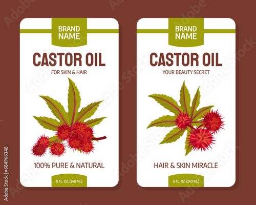 Castor Plant Oil Label Design with Leaves and Inflorescence Vector Template